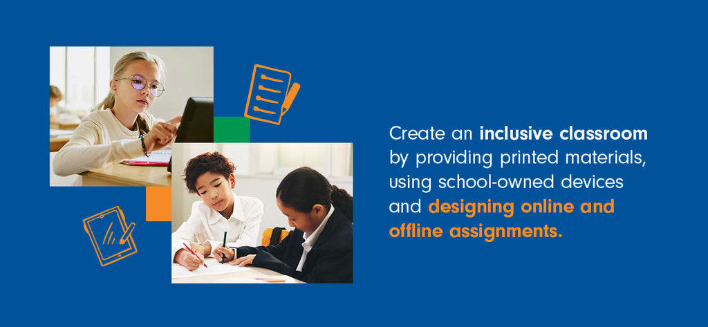 Students use a combination of paper and digital materials in a classroom